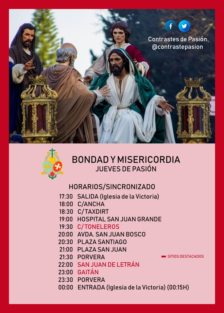 ContrastePasion's tweet photo. ¡Hoy es Jueves de Pasión! Horarios/Sincronizado de la Salida Procesional de la Hermandad de la Bondad y Misericordia (@hdadlabondad). https://t.co/a1YAi7O2Lg