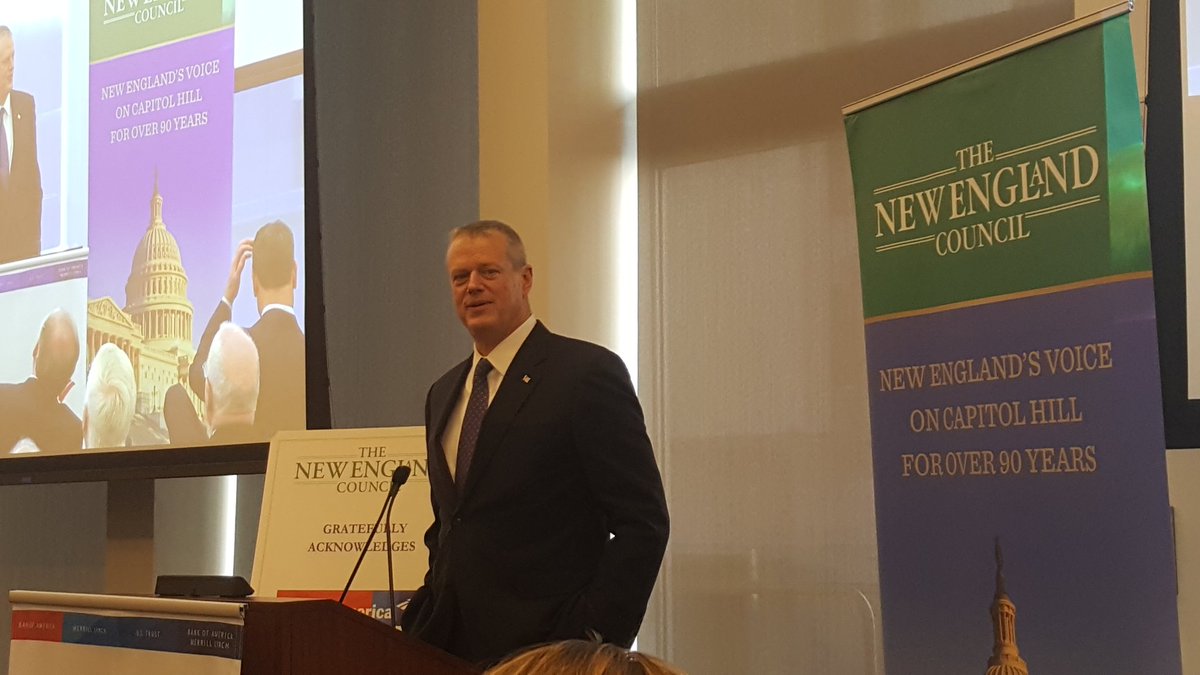 CGAlward's tweet photo. Full house for @NECouncil event hearing from @MassGovernor addressing federal issues of importance to MA including #infrastructure;#climatechange #resiliency #windenergy #cdnhydro #storage; #nationalsecurity #Research #CyberSecurity; #USMCA #Section232Tariffs: #OpioidCrisis https://t.co/IbKshTbhm4