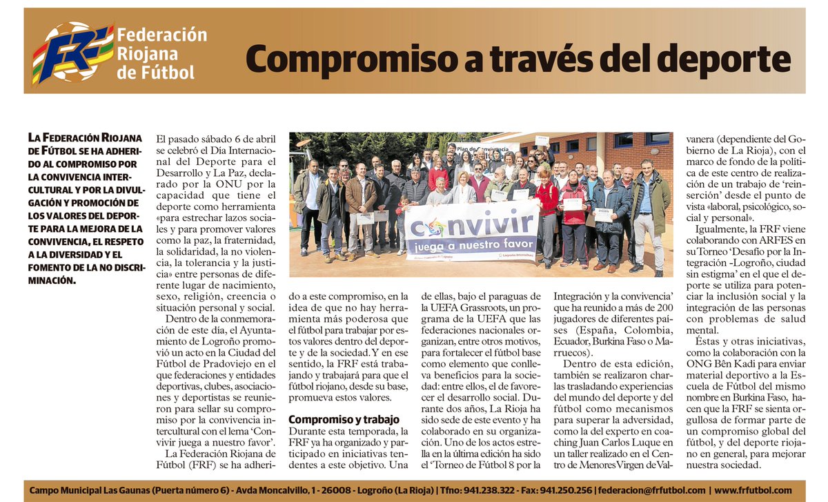 fedriojafutbol's tweet photo. 'Compromiso a través del deporte'. Hoy, en el suplemento Deporte Base (🗞️diario 'La Rioja'), hablamos de los #valores que impulsa el fútbol, en concreto, y el deporte, en general, en favor de la #Convivencia, el #RespetoDiversidad y la #NoDiscriminación. https://t.co/vshxHrhJD5