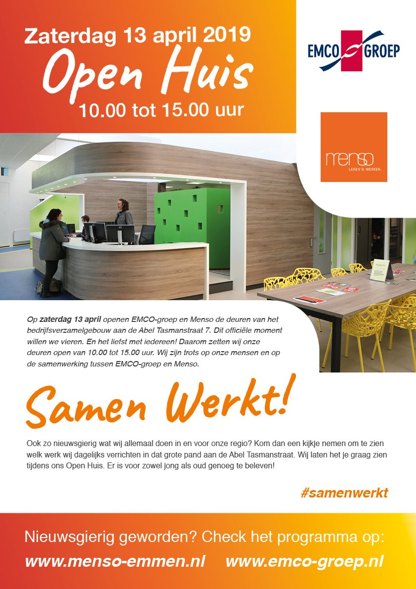 MensoEmmen's tweet photo. A.s. zaterdag open wij samen met @EmcoGroep onze deuren van 10.00 tot 15.00 uur. Tijdens ons Open Huis kun je alle afdelingen bekijken en verschillende activiteiten doen. Nieuwsgierig? Kom langs! Check onze website 👉 https://t.co/RKqdLxFuBj voor meer informatie! https://t.co/wRs1GPyQ0V