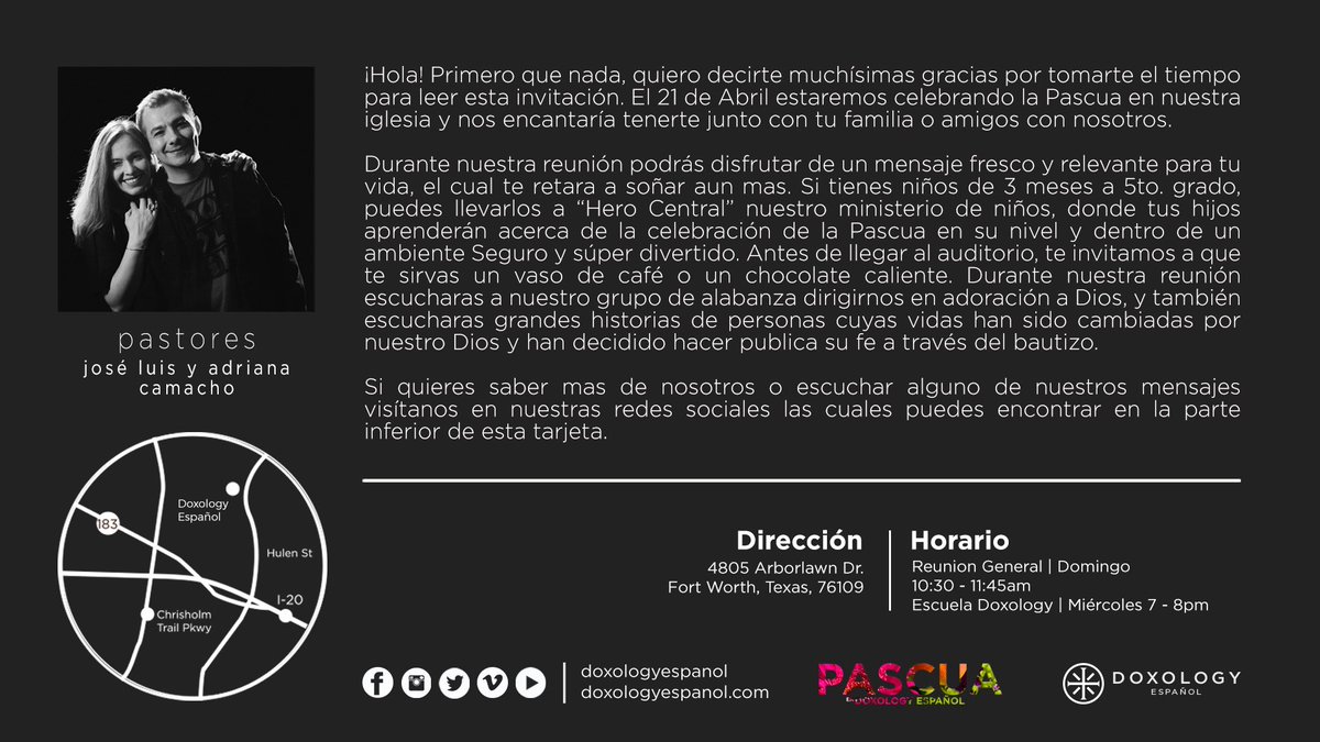 JLCamacho's tweet photo. Súper emocionado de lo que Dios va ha hacer con nosotros durante nuestra celebración de la Pascua y bautizos en @doxologyespanol este próximo 21 de Abril. #vivedoxology #doxologyespanol #pascua #bautizos #nuevoscomienzos https://t.co/ru6cXyfVQg