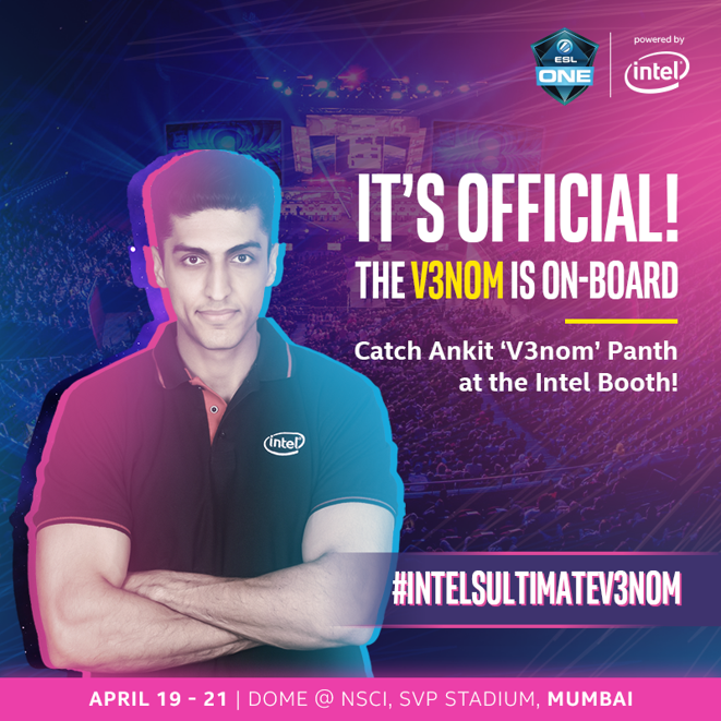 IntelIndia's tweet photo. Yet another reason to visit the Intel booth at #IntelESLOneMumbai
Catch the ‘V3nom’ @BrutalityV3nom on the 19-20-21st of April, in a meet and greet like never before! #IntelsUltimateV3nom #IntelGaming https://t.co/SJ3SdgpBGd