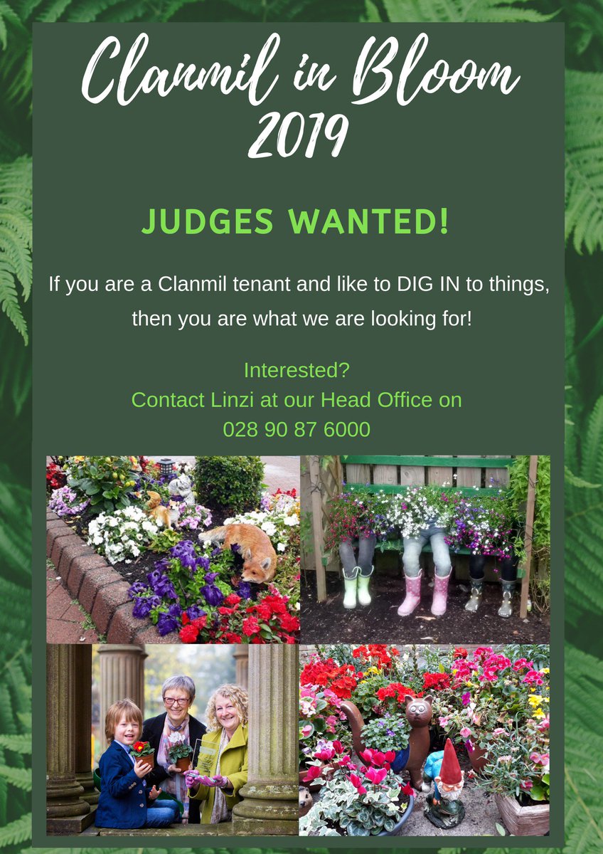 ClanmilHousing's tweet photo. ๐ผ๐บ JUDGES WANTED for Clanmil In Bloom 2019!๐ท๐ธ
Judges need be available for one day's judging on either 1st , 8th or 23rd July.
If you are a Clanmil tenant and would like to get involved in CIB'19, please contact Linzi on 028 9087 6000 ๐
#BloomingGreat #CIB2019 https://t.co/fXQGzh5qJR