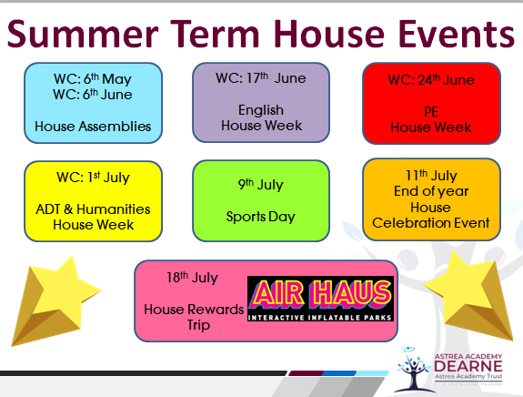 Here are the summer house events! Lots of fun activities planned for the last term! #housecompetitions #weareastrea #wearedearne
