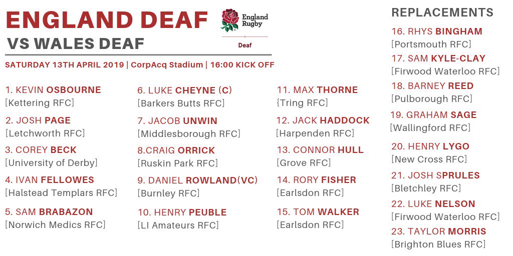 England Deaf Rugby Union (EDRU) (@deafrugby) on Twitter photo 📸📋 Head Coach Sean Fletcher announces his England Deaf squad to face Wales Deaf this Saturday at <a href="/SaleFC/">Sale FC Rugby</a>
Follow the game live via <a href="/BBCiPlayer/">BBC iPlayer</a> thanks to our partners <a href="/CheersMatePro/">Cheers Mate</a> 👉 bbc.co.uk/programmes/p07… 📸📋 Head Coach Sean Fletcher announces his England Deaf squad to face Wales Deaf this Saturday at <a href="/SaleFC/">Sale FC Rugby</a>
Follow the game live via <a href="/BBCiPlayer/">BBC iPlayer</a> thanks to our partners <a href="/CheersMatePro/">Cheers Mate</a> 👉 bbc.co.uk/programmes/p07…