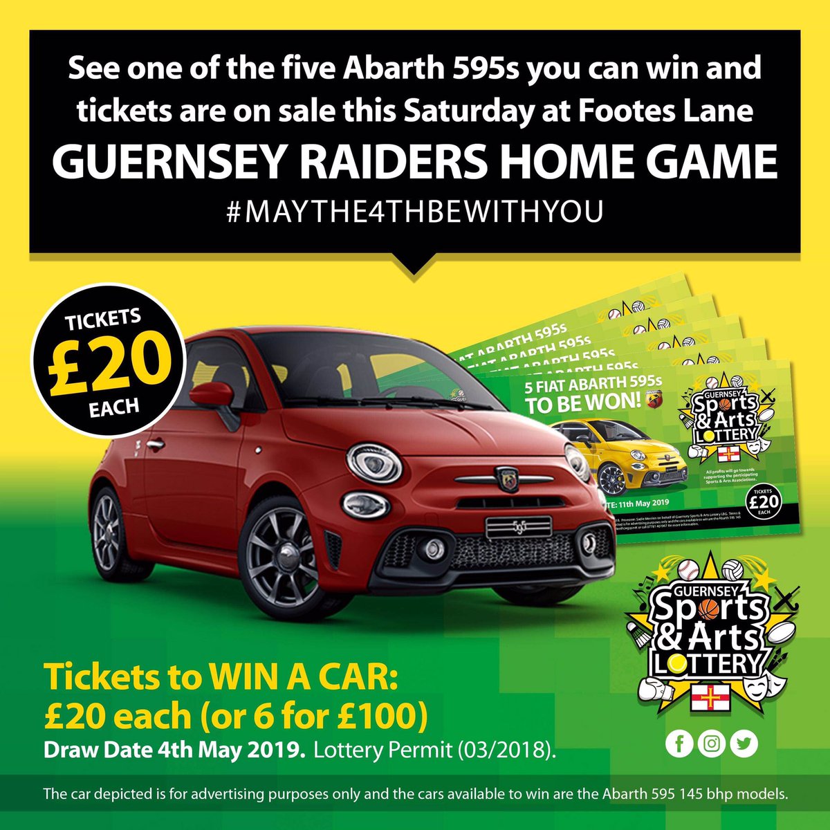 Please share! Tickets to WIN A CAR will be on sale with Guernsey Raiders THIS SATURDAY APRIL 13th at Footes Lane #MayThe4thBeWithYou