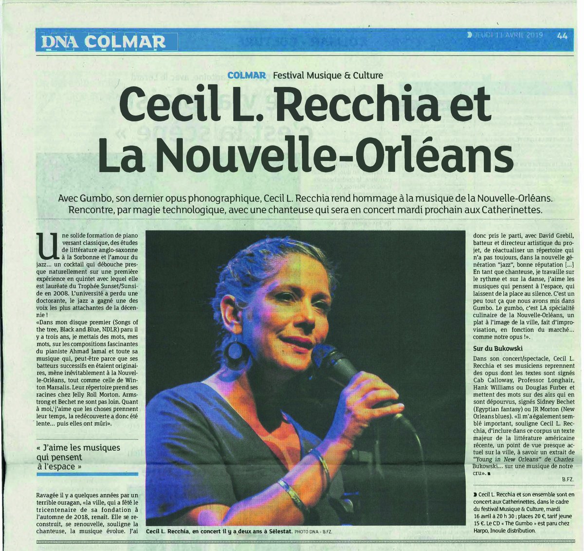 FMC_Colmar's tweet photo. On en parle dans la presse ! Cecil L. Recchia sera en concert à Colmar le mardi 16.04 aux Catherinettes, 20h30
Billetterie disponible ici : https://t.co/1L1mU2jdYU https://t.co/auAjnOQsS4