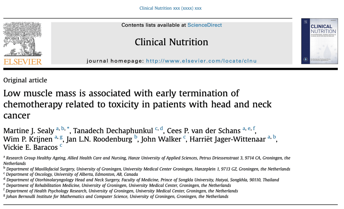 ⭐Oncology Dietitians ⭐Low muscle mass measured by CT found to be associated with early termination of chemotherapy related to toxicity in patients with head and neck cancer. Patients with both weight loss &amp; low muscle even more at risk 
Ref: sciencedirect.com/science/articl…