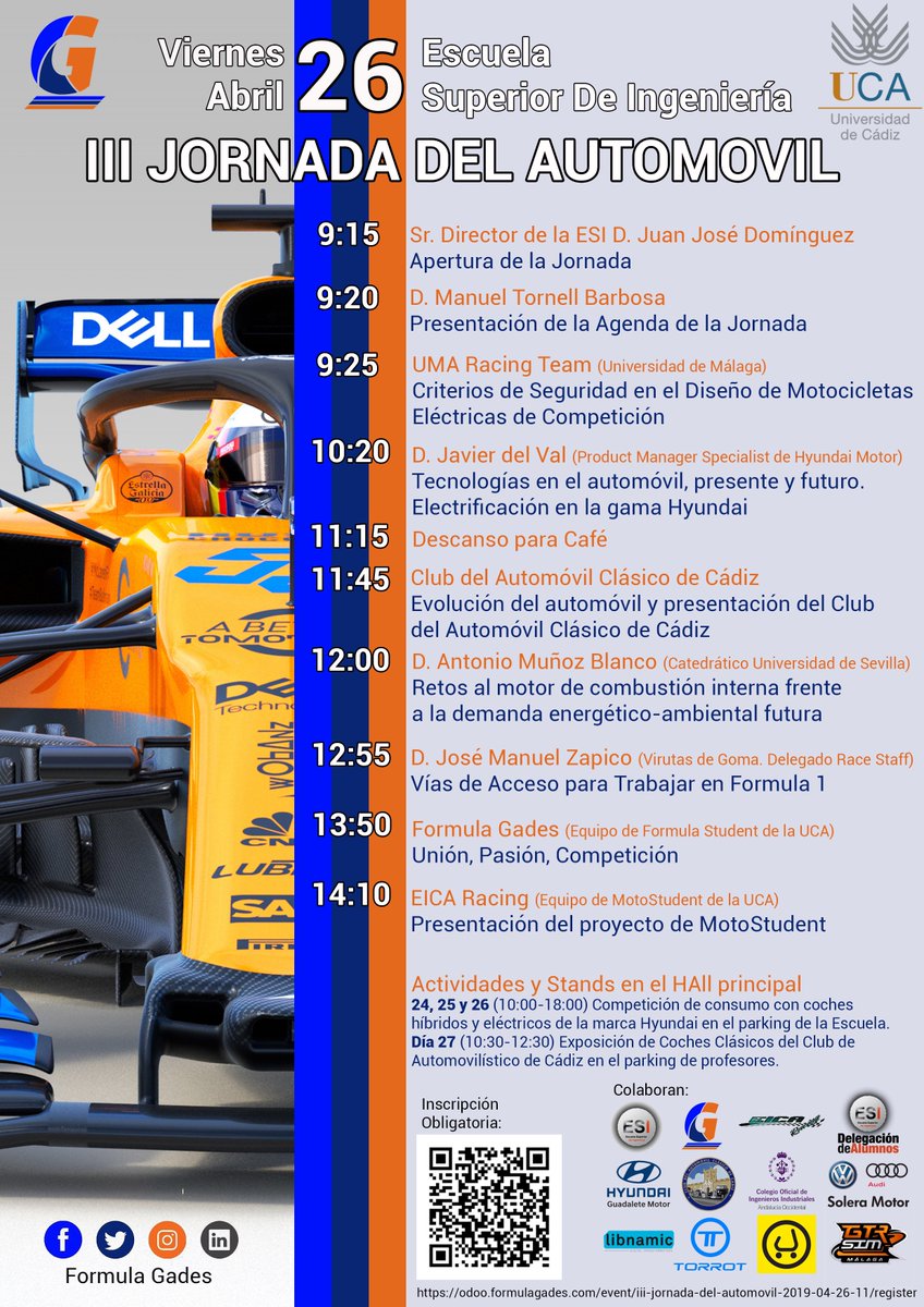 RacestaffE's tweet photo. Pues gracias a la Universidad de Cádiz, su Escuela Superior de Ingeniería y @FormulaGades por invitarme a dar una charla sobre 'como trabajar en la F1' en próximo viernes 26 de abril. Una hora exponiendo vías de acceso, formación, tipos de contrato al que esté interesado. https://t.co/vk9i4m9iuA