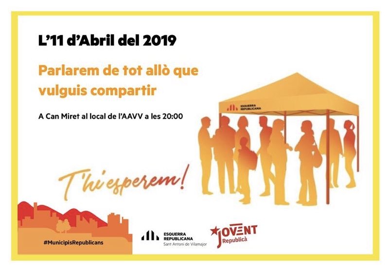 esquerrasav's tweet photo. 📍Avui dijous 11 d’abril
🕗 a les 20h
🏢 al local de l’AAVV de Can Miret
Ens trobem per parlar de tot allò que t’inquieta i vulguis compartir amb nosaltres!
La teva opinió és clau per nosaltres!
#programaparticipatiu #digueslateva #municipals2019 https://t.co/iZvyj2qqY9