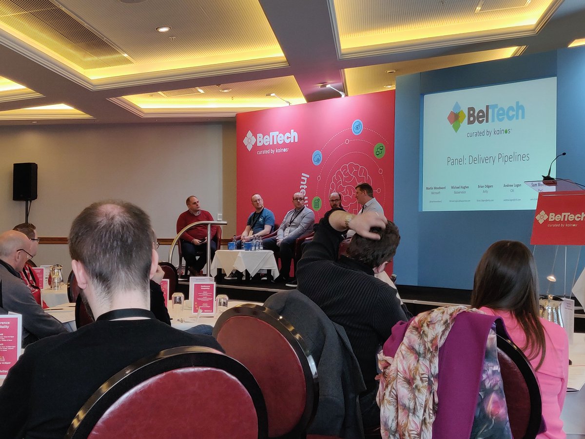 Andy_J41's tweet photo. @smauel87 @PwC_NI on stage with @Citi @Microsoft @Allstate @Bazaarvoice  at #BelTech19 discussing Delivery Pipelines and the impact on teams and customers. #continuousdelivery #deliveringresponsibly https://t.co/3Jv0Vx7pm3