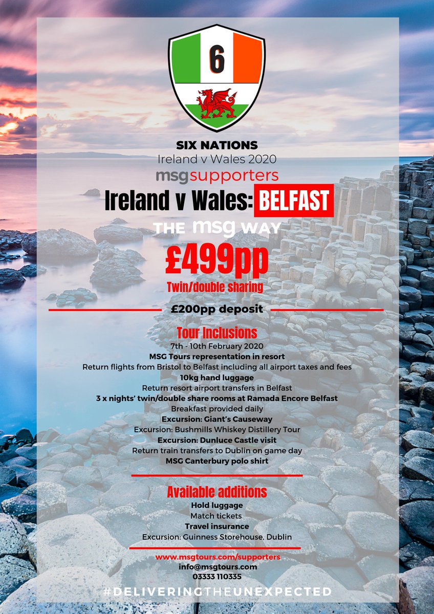 msgtours's tweet photo. Our Ireland v Wales Six Nations 2020 supporters package is now ON SALE. Please get in touch today to secure your place, as this tour is expected to sell out. ๐โโ๐๐ฎ๐ช๐ด๓ ง๓ ข๓ ท๓ ฌ๓ ณ๓ ฟ ๐
.
๐ง info@msgtours.com
๐ 03333 110335
#DeliveringTheUnexpected #MSGsupporters #SixNations https://t.co/GxIsCKVi21