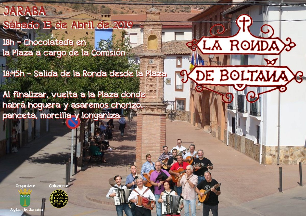 JarabaTurismo's tweet photo. La Ronda de Boltaña en #Jaraba, será el próximo sábado, 13 de abril. A las 18:45 saldrá la Ronda desde la plaza hacia el pabellón "Carlos de Haes", donde podremos seguir disfrutando con su música. Os esperamos. https://t.co/LrFbnfs8jJ