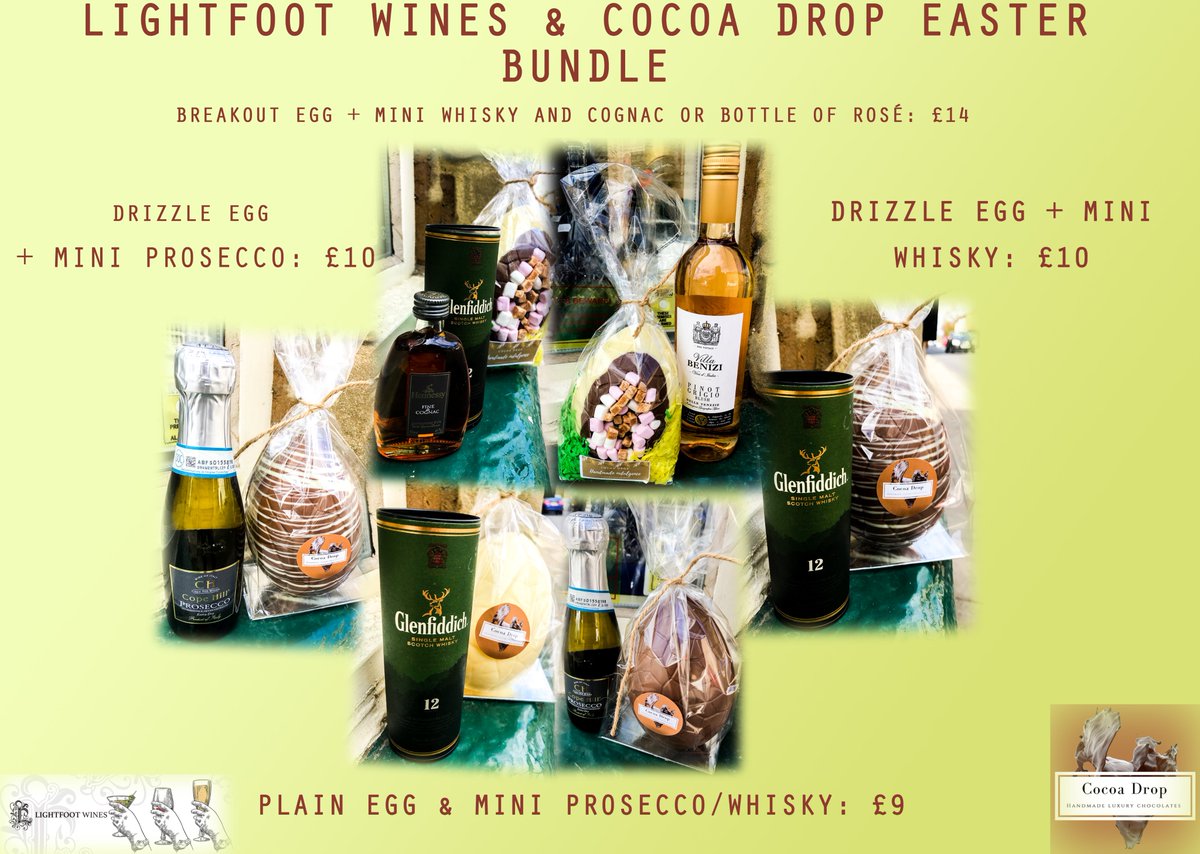 We've teamed up with <a href="/CocoaDropChoc/">Cocoa Drop</a> to offer a great little bundle of premium chocolates &amp; bottles! 

#smallbusinesses #southyorkshire #wentworth #cocoadrop #lightfootwines #chocolate #easter #eastereggs #wine #whisky #Cognac