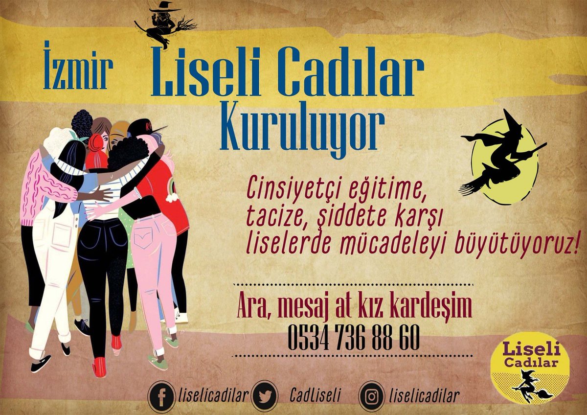 📣📣İZMİR LİSELİ CADILAR KURULUYOR 📣📣

Cinsiyetçi eğitime, şiddete, tacize karşı liselerde mücadeleyi büyütüyoruz!

Bu dayanışmaya ortak olmak ister misin kız kardeşim? Haydi ara mesaj at liselerimizi mora boyayalım ♀️