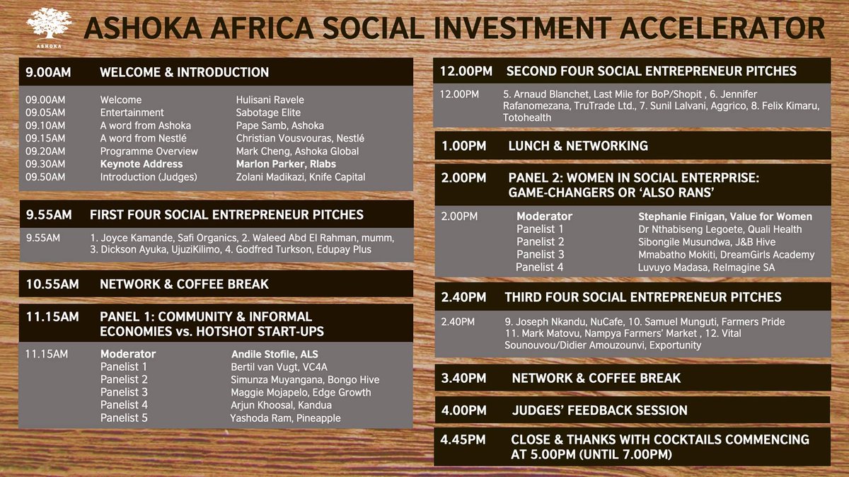 ashokaafriquefr's tweet photo. Le programme complet du "pitch Event" de ce jeudi. @AshokaAfrica accélérateur d'investissement social #SEAChangeAfrica #SocEnt https://t.co/bfkmhPORTF