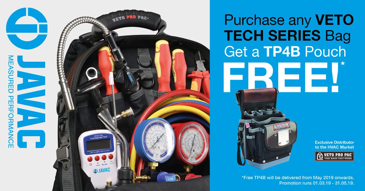 JavacLtd's tweet photo. Remember, our TP4B promotion is still running. Purchase any Veto tech series bag and get a TP4B free. Take a look at the range here https://t.co/aojg2vtput
#JAVAC #Vetobag #hvactech #Toolbag https://t.co/Wt5VYPCe3Z