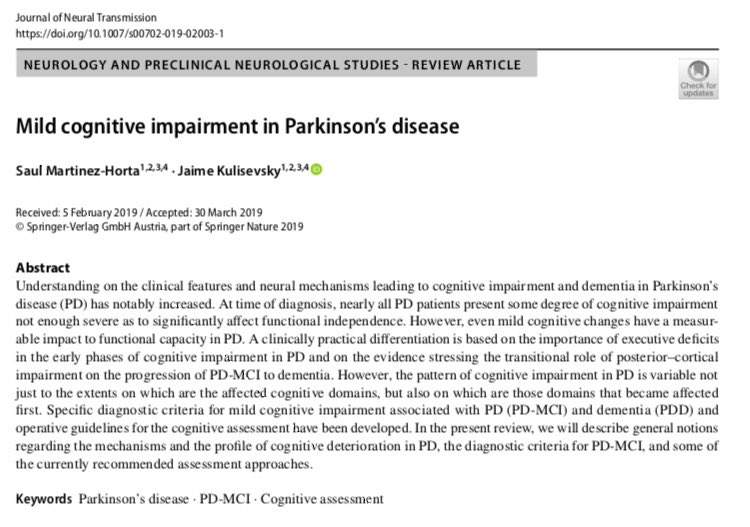 Dia de la enfermedad de #Parkinson. Buen momento para compartir la reciente revision sobre el deterioro cognitivo en esta enfermedad que ni mucho menos va solo de temblores...

#ParkinsonsAwarenessMonth #ParkinsonsDay #parkinson