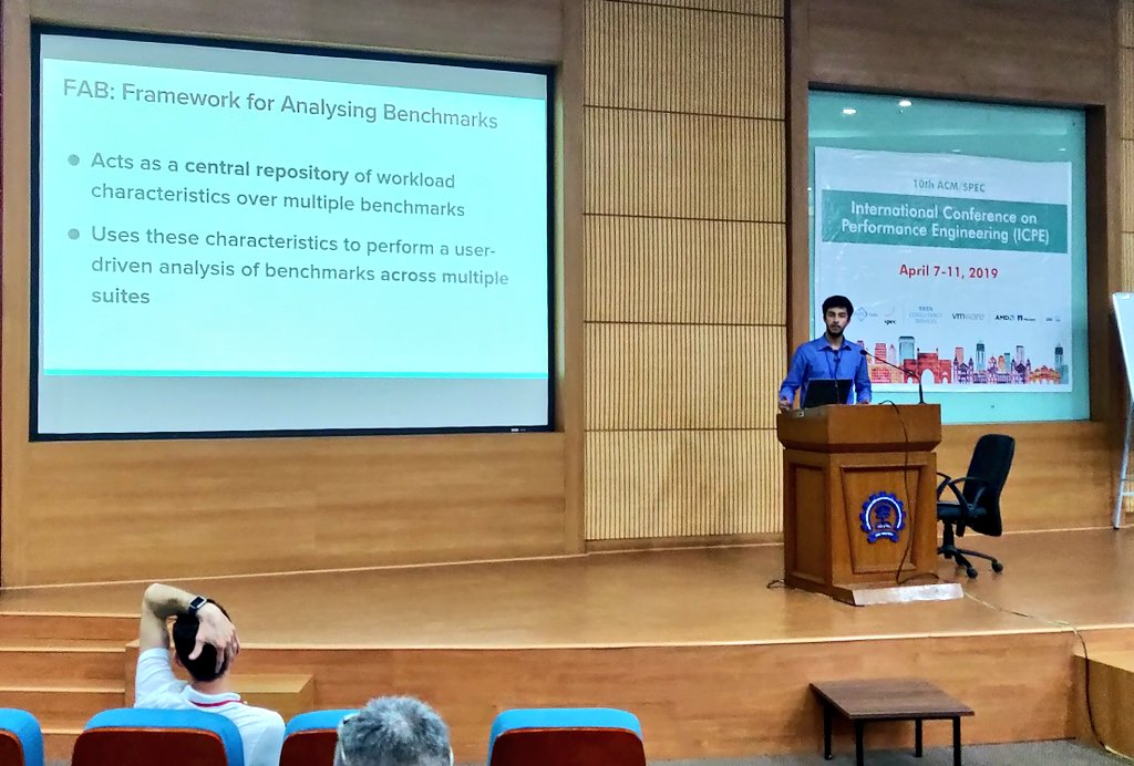 ICPEconf's tweet photo. And a fab! presentation to mark the end of the technical sessions at #ICPE2019 #ICPEconf

"FAB : Framework for Analyzing Benchmarks" by Varun Gohil @VarunGohil9 (@iitgn), Shreyas Singh @42shreyas (@iitgn) and Manu Awasthi @mnwsth (Ashoka University @AshokaUniv) https://t.co/kFhTVTpdt6