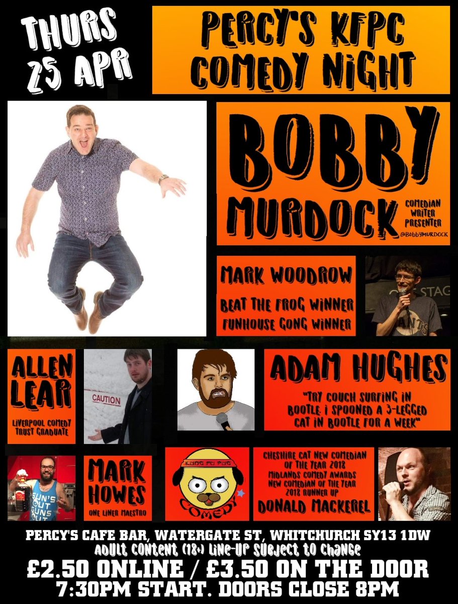donaldmackerel's tweet photo. Thurs 25/04/19, 19:30 - £3.50.
Live #comedy at @percyscafebar, #Whitchurch, #Shropshire.
#KFPC #WhitchurchShropshire https://t.co/L0VSZuT9f4