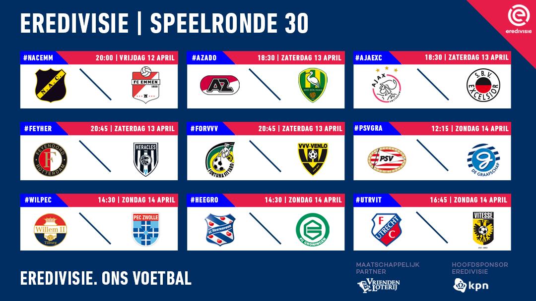 eredivisie's tweet photo. Speelronde 3⃣0⃣ staat vol van mooie affiches!

De degradatiekraker: @NACnl 🆚 @FC_Emmen 
Limburgse derby: @FortunaSittard 🆚 @VVVVenlo 
Derby van het Noorden: @scHeerenveen 🆚 @fcgroningen 
Strijd om plaatsing play-offs Europa: @fcutrecht 🆚 @MijnVitesse 

#eredivisie #onsvoetbal https://t.co/ieWYI2veQ9