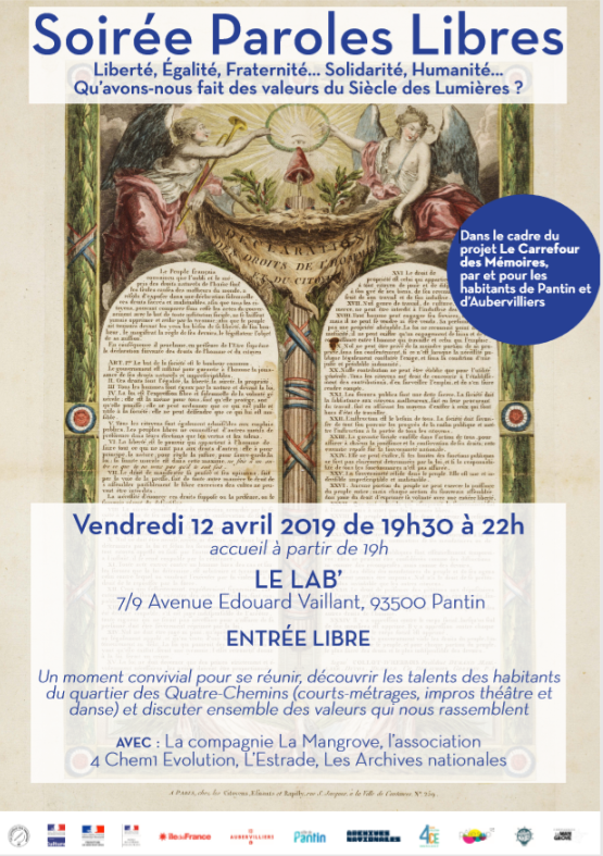 CMemoires's tweet photo. RAPPEL : La soirée Paroles Libres au Lab' à Pantin c'est demain! On vous attend nombreux pour inventer ensemble la devise du quartier des #4 chemins @VilledePantin @aubervilliers!! #carrefourdesmemoires #zspculture @Prefet75_IDF https://t.co/oQkWmJuZvV