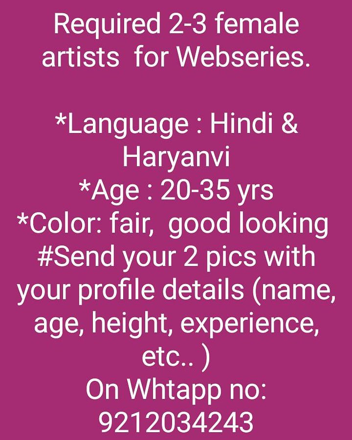 df_dahiya's tweet photo. Dahiya films production 
 
Required 2-3 female artists  for Webseries.

#Language : Hindi &amp; Haryanvi
#Age : 20-35 yrs
#Color: fair,  good looking 

#Send your 2 pics with your profile details (name, age, height, experience, etc.. )
On Whtapp no: 9212034243 https://t.co/nZRLLj7zzN