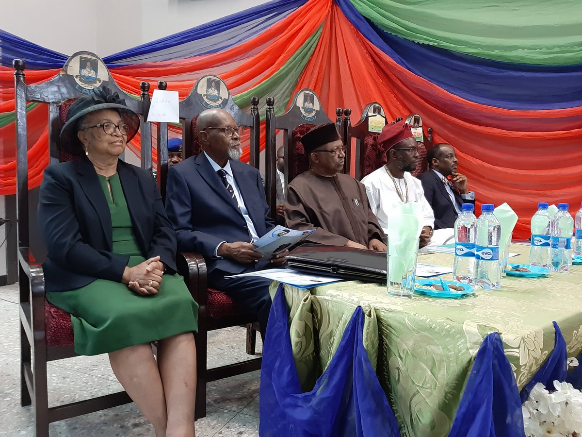 My father in law Professor  Folabi Olumide, (second left) pioneer Vice Chancellor  of the Lagos State University and his wife at the inaugural  lecture holding in his honour at the brand new Aderemi Makanjuola Lecture Theatre on campus.
