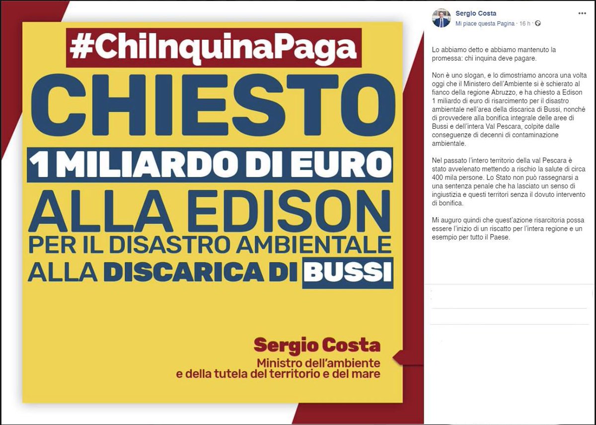 Il Ministro dell’Ambiente @SergioCosta_min ha chiesto il risarcimento dei danni ad Edison Spa per #disastroambientale e #avvelenamento delle acque nel territorio di #BussiSulTirino.
1 MLD DI EURO
No impunità per i delitti verso l’ambiente. Xché non accada mai più.
#ChiInquinaPaga