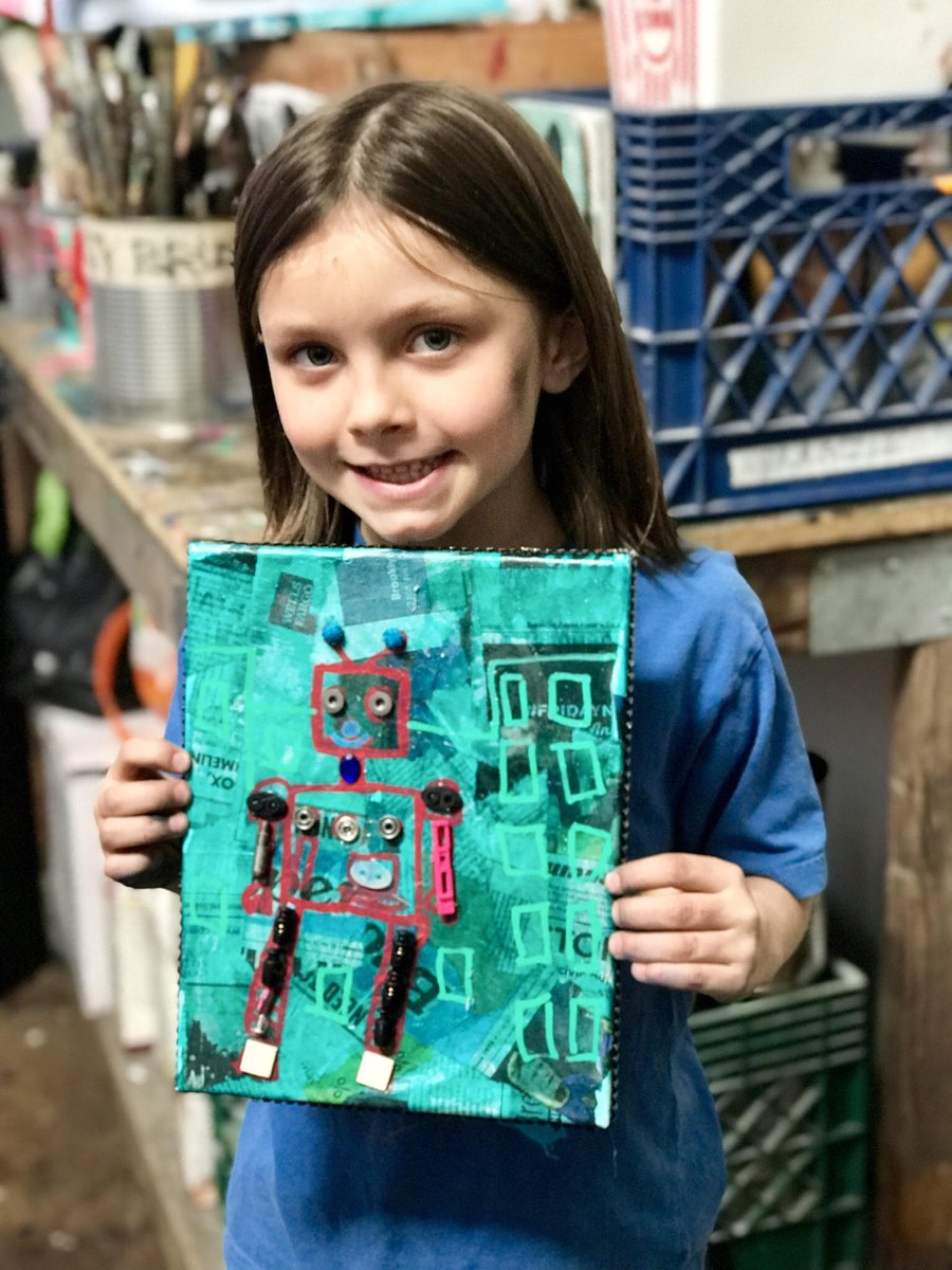 CWASDumbo's tweet photo. So we made #Robots with #mixedmedia & some inspiration from #Basquiat in our Kids Class yesterday 🤖🤖🤖
#creativelywildartstudio #dumbo #dumbobrooklyn #brooklynkids '#brooklynartclasses #nycartclasses #recycledart #urbanart #graffiti #painting https://t.co/fnc3HlAEqP
