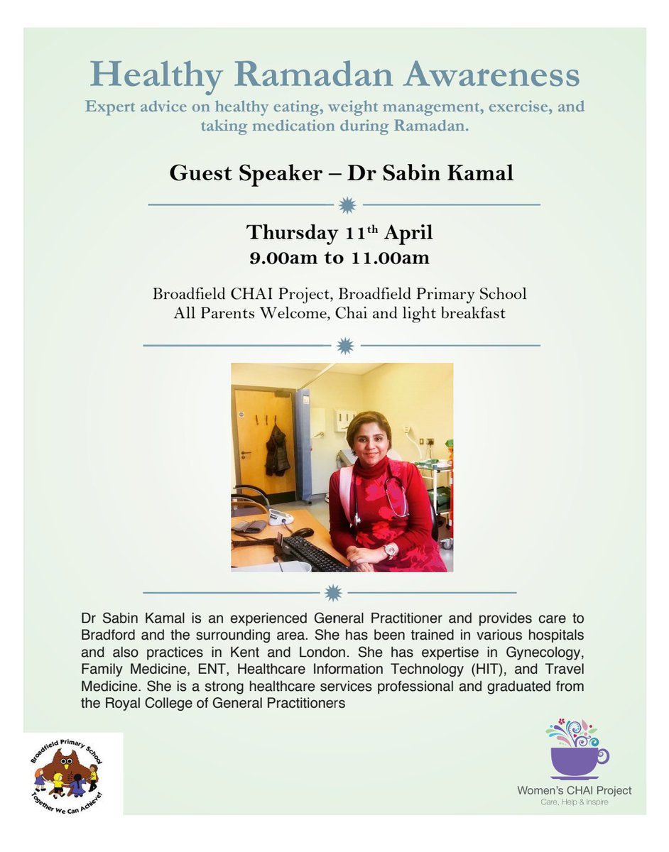 A fantastic session by the amazing Dr <a href="/sabin00/">sabink</a> "Healthy Ramadan Campaign 2019" at <a href="/BroadfieldSchoo/">Broadfield Primary</a> Chai. Dr Sabin provided expert advice on #fasting #HealthyEating #WeightManagement #exercise #Diabetes #TakingMedicine in #Ramadan2019, in english &amp; urdu. Fantastic turnout of mums.