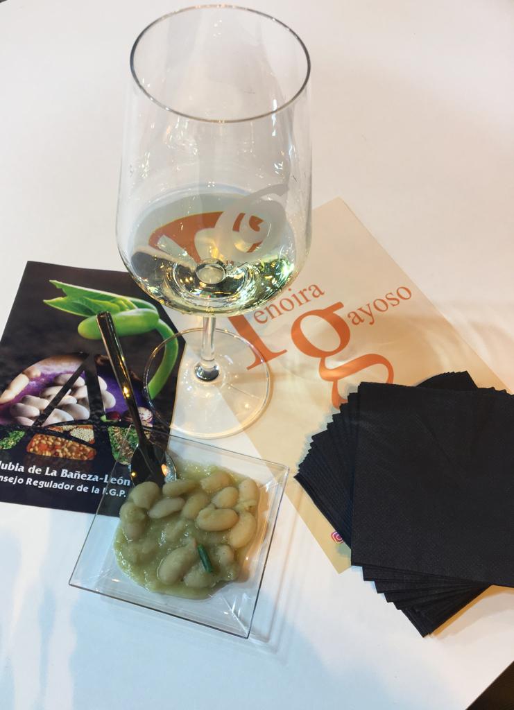 DOBierzo's tweet photo. 'Show cooking' dedicado a los #vinos del Bierzo en el stand @tierradesabor. Guillermo Tenoira, de @bodegatg, presenta su blanco godello maridado a la perfección con alubia plancheta junto al chef Alberto Rosado, del Rte. Montecarlo (#Ávila) y Eva del Río @alubiadebaneza #SG19 https://t.co/dI6ujZ9SJl