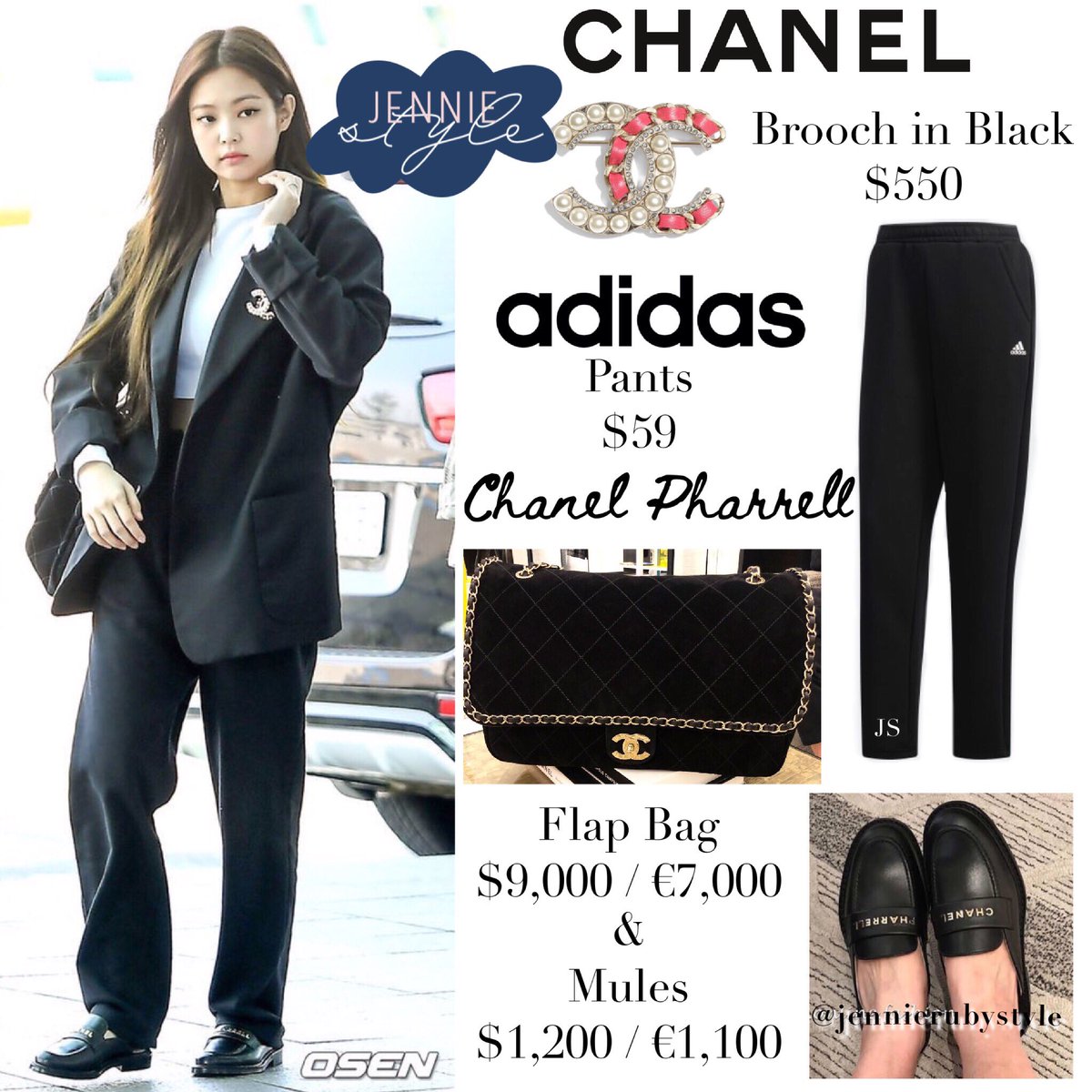 Jennie Style on X: Incheon Airport 190411 #CHANEL Brooch (in black) $550,  ADIDAS Pants $59 #CHANELPHARRELL Capsule Collection Flap Bag $9,000 /  €7,000 & Mules $1,200 / €1,100 #jennie #jenniekim #blackpink # blackpinkfashion #blackpinkstyle
