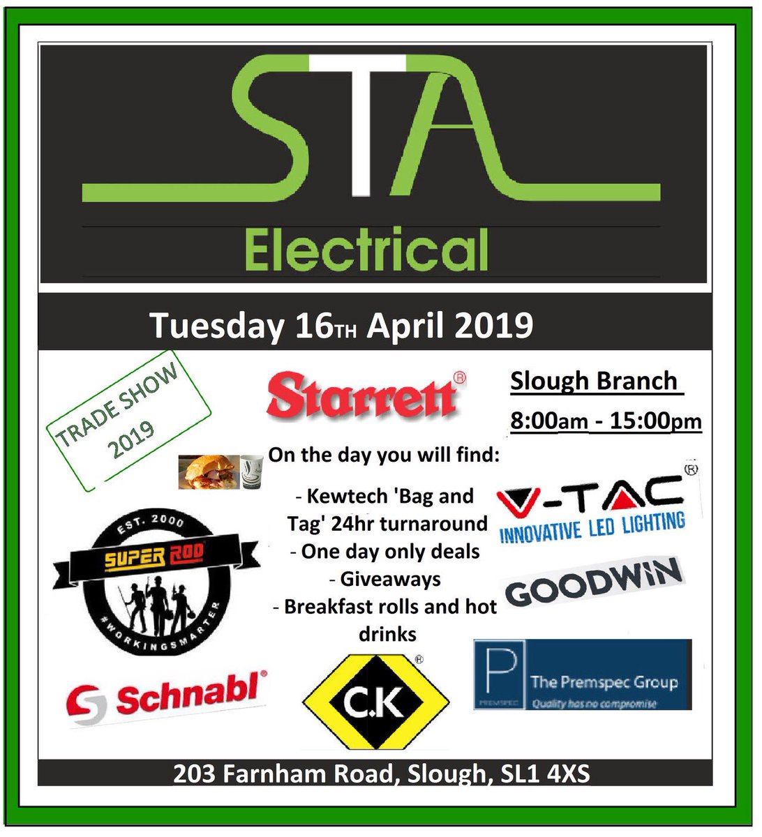 STA_electrical's tweet photo. Counting Down 5 days till the TRADE SHOW. Come down and visit at 203 Farnham Road, Slough, SL1 4XS. 
8:00am - 3:00pm
@starrett @SuperRodUK @schnabl @vtac @goodwin @premspec
#stagroup
#tradeshow
 #slough 
#electrical
#electricians
#tradeday
#electricaltradeshow https://t.co/YpaXzjOThz
