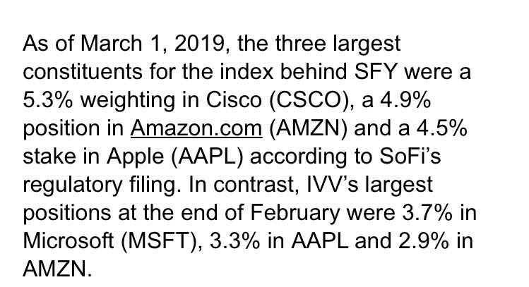 ToddRosenbluth's tweet photo. $SFY investors will have more exposure to growth stocks $CSCO $AMZN $AAPL than those that own 0.04% #ETF $IVV. /4 https://t.co/EKV7mSuE3s