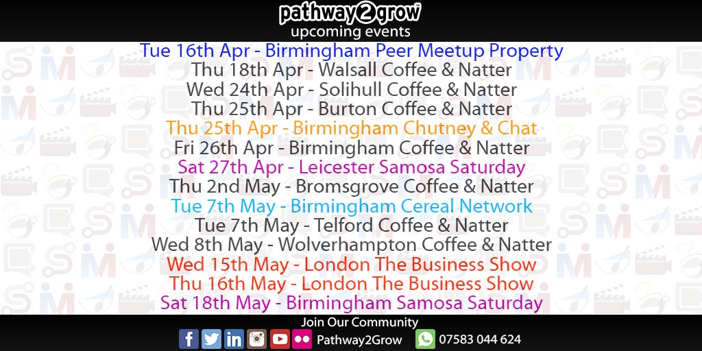 Pathway2Grow's tweet photo. π€ We've got LOADS of #networking events coming up across the #Midlands as well as #TBSUK in #London next month! Come join us to #Network, #Learn & #Grow with #Pathway2Grow! #CoffeeandNatter #ChutneyandChat #SamosaSaturday #CerealNetwork #PeerMeetup #P2GLive https://t.co/Bfs2zO9kQf