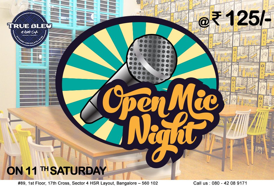 truebleu3's tweet photo. Keep in good humour! Join Open Mic Tonight at True Bleu Restocafe, HSR Layout, Bangalore.
Ticket Price: Rs.125. Rs.99 Redeemable on a minimum food bill value of Rs.200.
#TrueBleu #Restocafe #OpenMic #Tonight #Laughter #Humour #Bangalore #Comedy https://t.co/EsNkre5ooB