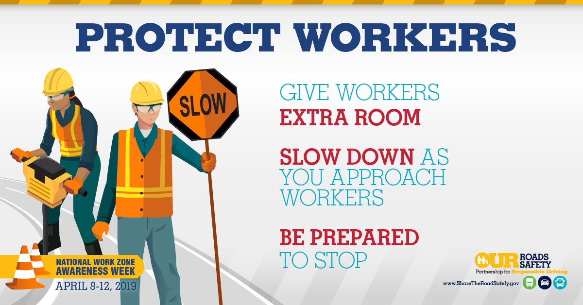 NHTSAgov's tweet photo. Safety for crews in work zones, as well as the vehicles that travel through them, is critically important. Drivers must be on watch for workers coming in and out of work zones, including flaggers who may be directing traffic patterns.
#WorkZoneSafety #NWZAW #OurRoads https://t.co/fmtWwBjhfR