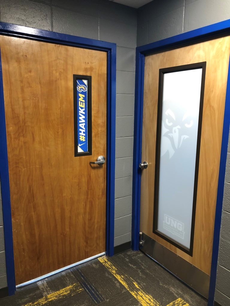 CEJSports's tweet photo. #FeaturedFollower - @cejoes has teamed w/ @UNG_Nighthawks for several projects over the last few years & even more in the coming months! We love how this signage added to the renovated Memorial Hall athletics office area! #HawkEm #yeahwedothat #brandyourgame #moretocome https://t.co/orSgBCCmhl