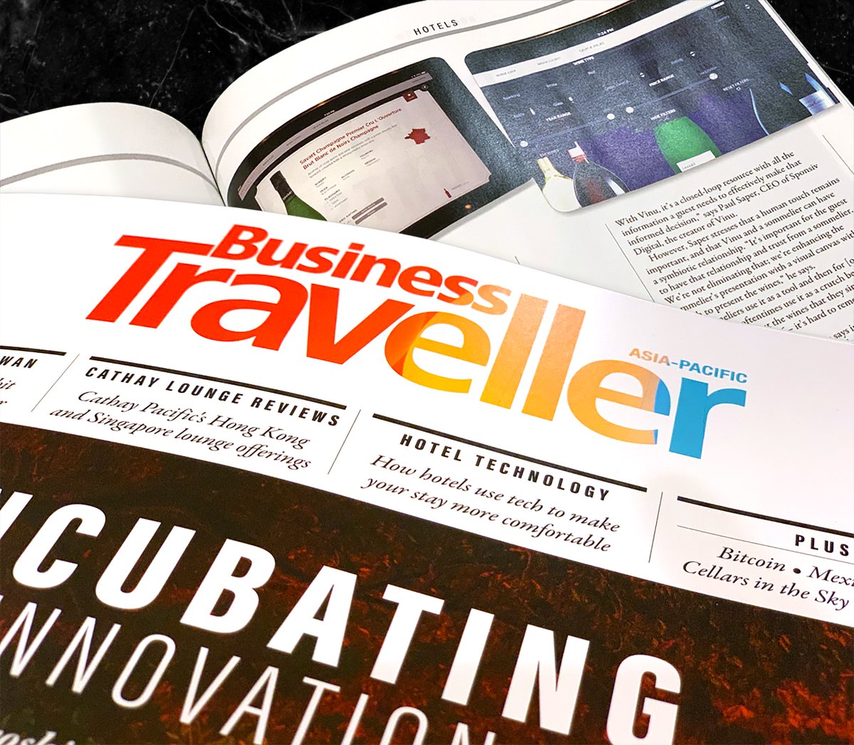 VINUmenu's tweet photo. We're excited to see VINU featured in the cover story of the current issue of Business Traveller Asia-Pacific, highlighting how our iPad wine list at Grand Hyatt Hong Kong is changing the way their sommeliers present wine and guests navigate the property’s expansive wine cellar. https://t.co/NuqPNYumnz