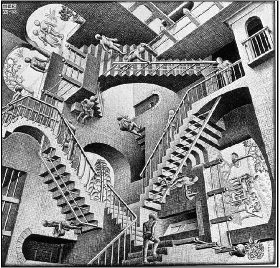 chessContact's tweet image. When we teach #chess to the beginner, what "islands of certainty" they should acquire first upon which to base interpretation of the overall picture on the board?
Escher, Relativity, 1953
#chessbasics #basics #teaching #learning