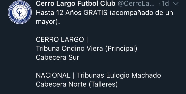 EntradasCndf's tweet photo. #ENTRADAS @Nacional 🆚 Cerró largo 

🎫PRECIO:

Nacional Generales $500

Se Venderán entradas en Melo Desde hoy (11/04) en la Sede Social de Cerro Largo y los que no vivan en Cerro Largo en cualquier @redpagosoficial .

•Hasta 12 Años GRATIS (acompañado de un mayor).
Tribunas⬇️ https://t.co/ExtGnZL1cE