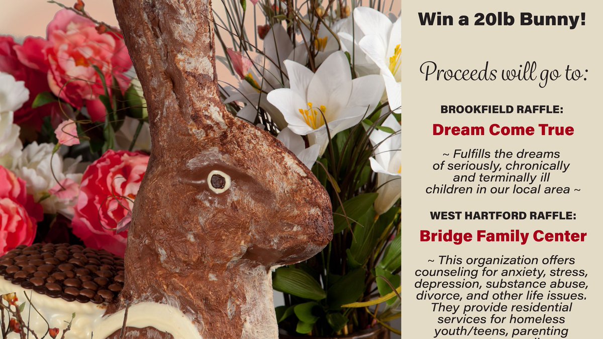 BridgewtrCho's tweet photo. Bunny For A Cause! WIN a 20lb. Bunny! Raffle in store only.
#bridgewaterchocolate #valrhonausa #republicadelcacao #chocolate #easterbunny #love #charity #dreamcometrue #bridgefamilycenter #brookfield #westhartford #localcharity #springtime #easter #family #friends #childreninneed https://t.co/0urlEFjhEL