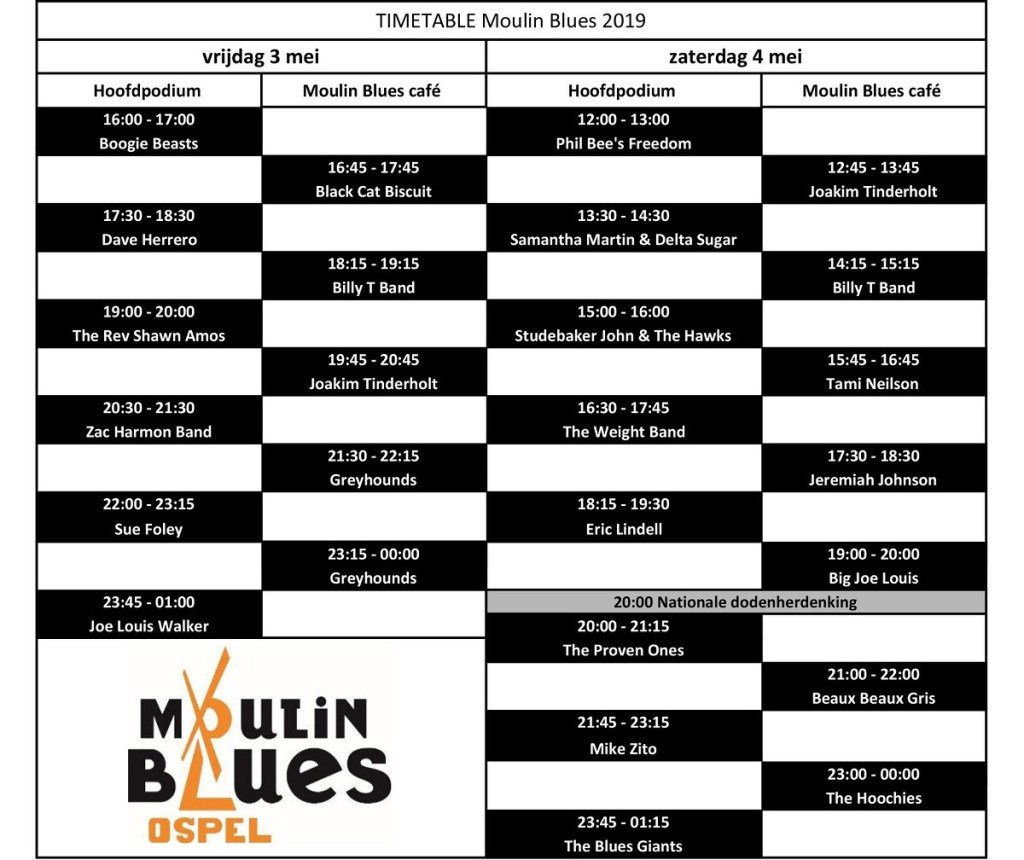 BluesMagazine's tweet photo. Moulin Blues 2019 | Nog maar drie weekjes en dan gaat @MoulinBlues 2019 eindelijk los. Daarom is het hoog tijd dat we jullie het tijdschema voor Moulin Blues 2019 presenteren! https://t.co/8mDEA2Pq3k https://t.co/CqjzIYiP3X