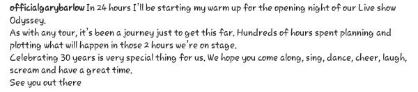 Garyismyhero's tweet photo. @GaryBarlow on #Instagram 😊 #24hours #specialthing #seeyououtthere #journey #laugh #anytour #stage #planning #scream #far #warmup #liveshow #cheer #celebrating #2hours #openingnight #plotting #sing #GreatestHits #sing #hundredsofhours #Odyssey #TT30
https://t.co/cL8BCfMLSQ https://t.co/MMwviUWTTM