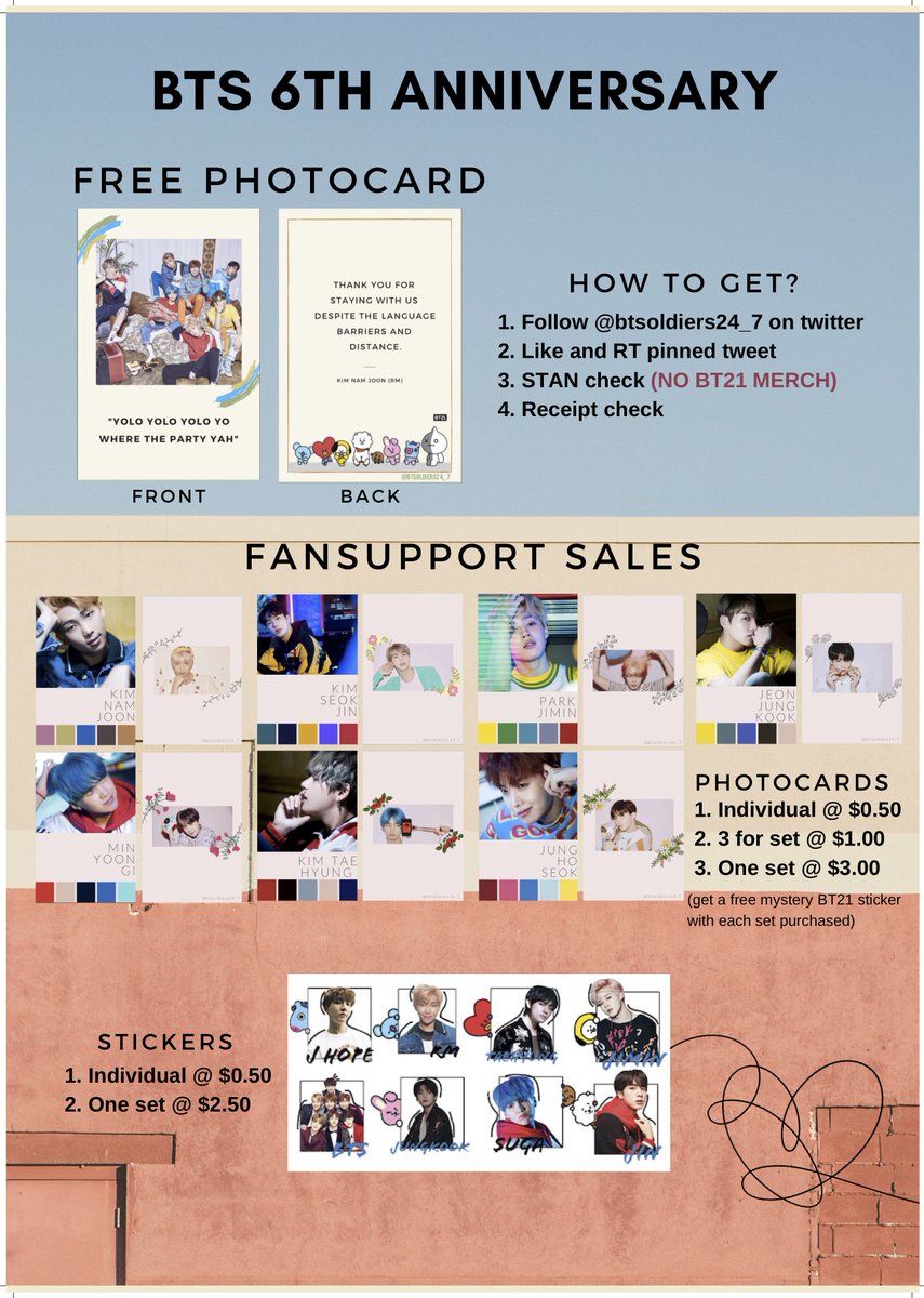 vantaekook_co's tweet photo. BTS 6TH ANNIVERSARY FS 📌

Will be giving out free photocards and also selling some stickers and photocards at a few cafe events :)))))  stay tuned by referring to this thread here!!! Do come down and support us, most importantly have fun and celebrate our ♥️ for BTS #TeamARMY https://t.co/IFkRDGtpnc