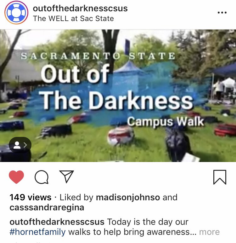 Go check out our amazing video on our IG @outofthedarknesscusus and don’t forget about our walk tonight starting at 5:30p.m.!! ✨💙 #suicideprevention #fightagainstsuicide #sacstatecares