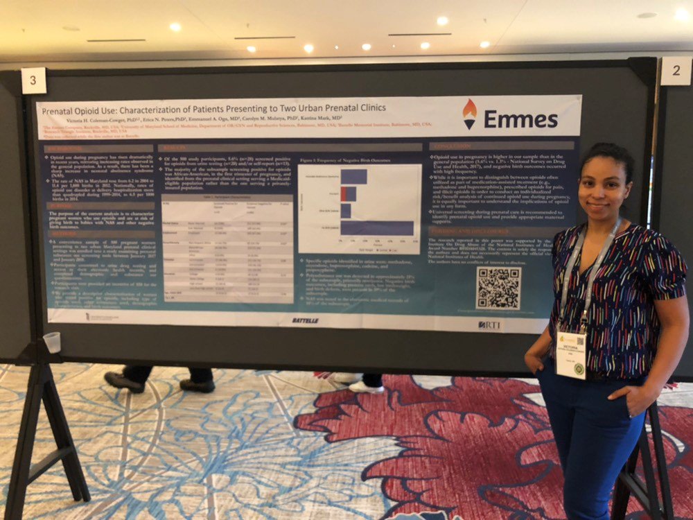 EmmesCRO's tweet photo. Senior Clinical Research Manager Victoria Coleman-Cowger presented a poster from her work with @NIDAnews, "Prenatal Opioid Use: Characterization of Patients Presenting to Two Urban Prenatal Clinics" at the @ASAMorg conference last week! #ASAM2019 https://t.co/vECZ05M4Rl