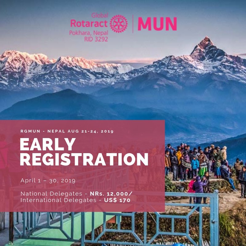 The deadline for Early Registration is 30th April, 2019.
REGISTER SOON!!!
For more details please visit
http://nepal2019.rotaractmun.org
#RGMUN #Pokhara #rotaract #rotaractnepal #MUN #rotaractdistrict3292
