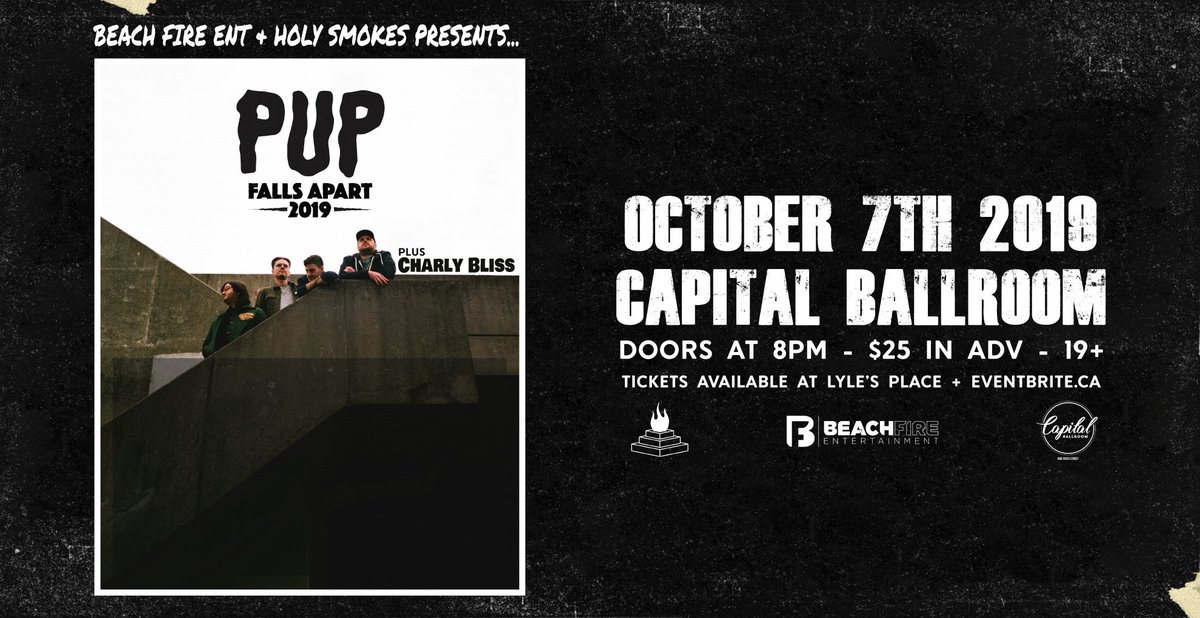 We are pleased to announce <a href="/puptheband/">PUP</a> , October 7th, at the <a href="/capitalballrm/">Capital Ballroom</a>. Tickets go on sale April 19th at 10 am: bit.ly/PUPyyj . Supporting PUP will be <a href="/charlybliss/">Charly Bliss</a> . Fun times ahead.